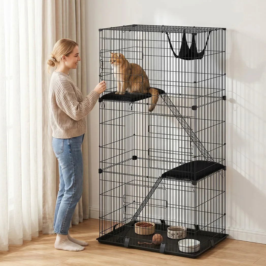 PawHut 3-Tier Large Cat Cage with Hammock, Platforms, Tray and Cushions – Detachable Metal Kennel for 1–2 Cats