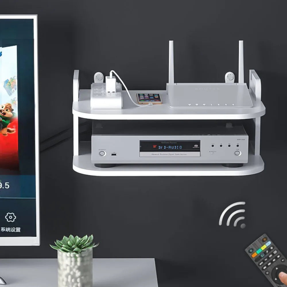 Wall-Mounted Double-Layer Router Storage Shelf – Floating Rack for TV Box, DVD and Game Console, White