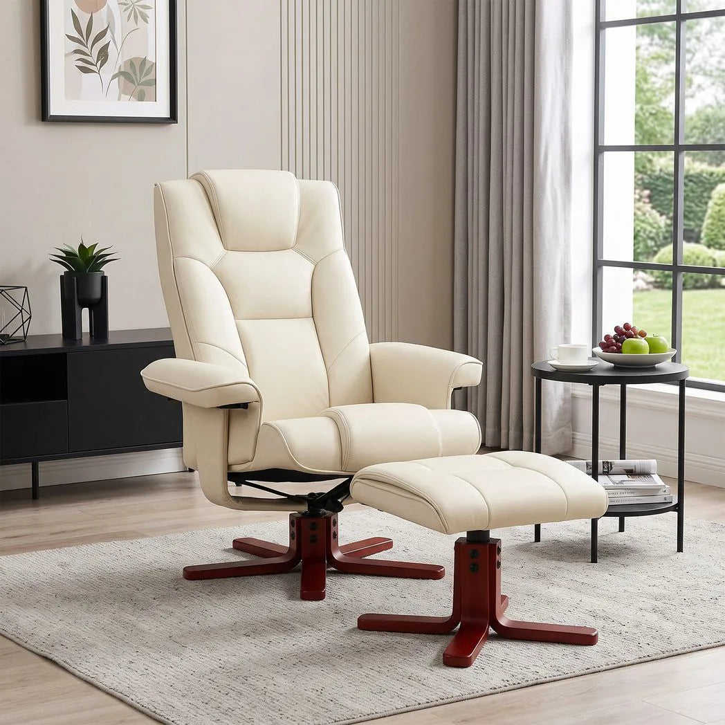 HOMCOM Faux Leather Manual Recliner Armchair and Footstool Set with Rocking Motion – Cream White
