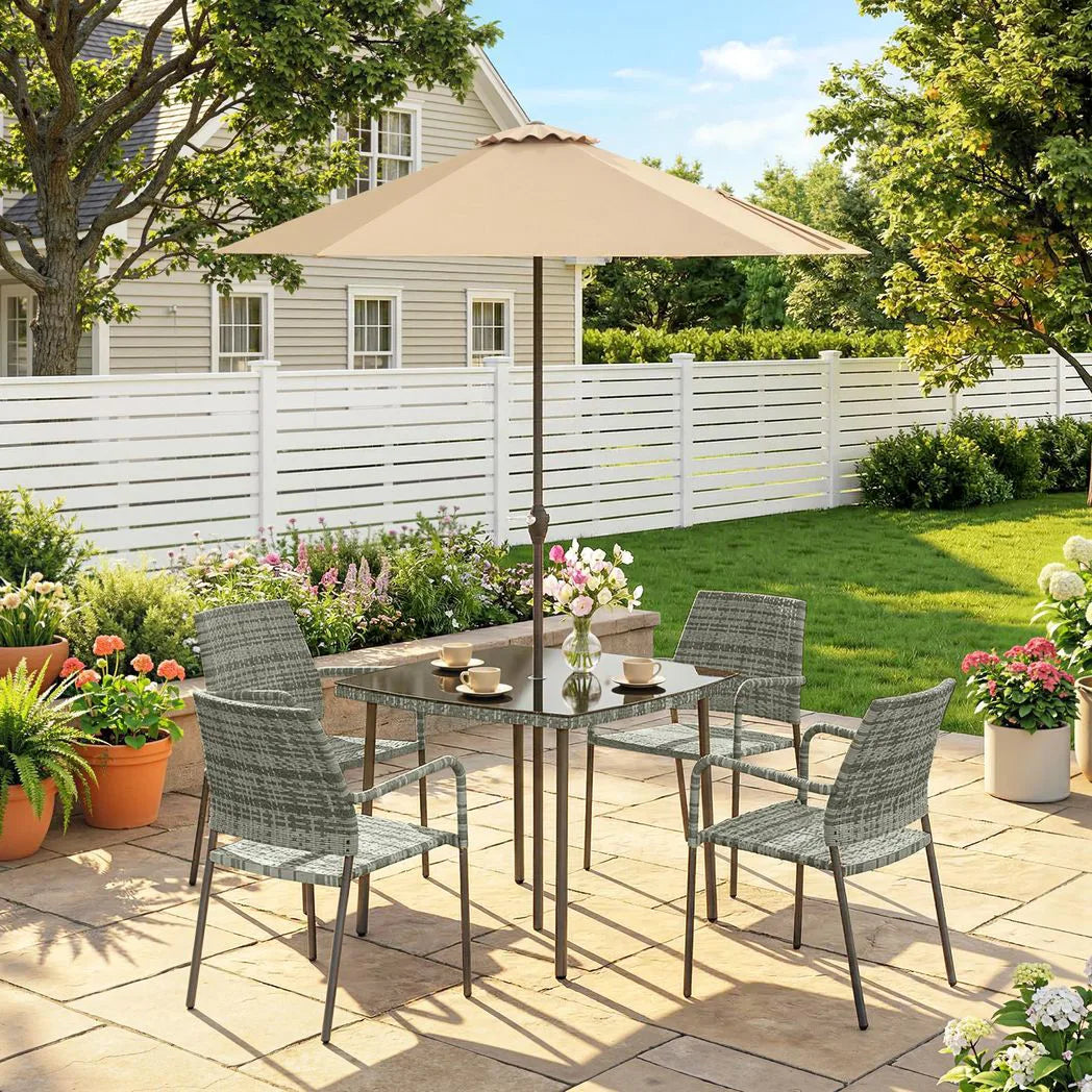Outsunny 6-Piece Rattan Garden Dining Set with Parasol – Square Table with Tempered Glass Top and 4 Stackable Armchairs