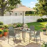 Outsunny 6-Piece Rattan Garden Dining Set with Parasol – Square Table with Tempered Glass Top and 4 Stackable Armchairs
