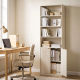HOMCOM Slim Bookcase with Open Cubbies, Double-Door Cabinet & Adjustable Shelf – Anti-Tip Storage, Oak Wood Effect