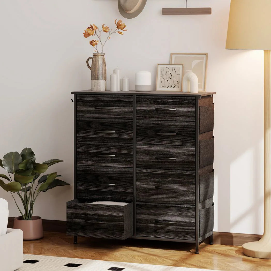 HOMCOM Ten Fabric Drawer Chest with Steel Frame, Pockets and Anti-Tipping Kit – Bedroom Storage, Black
