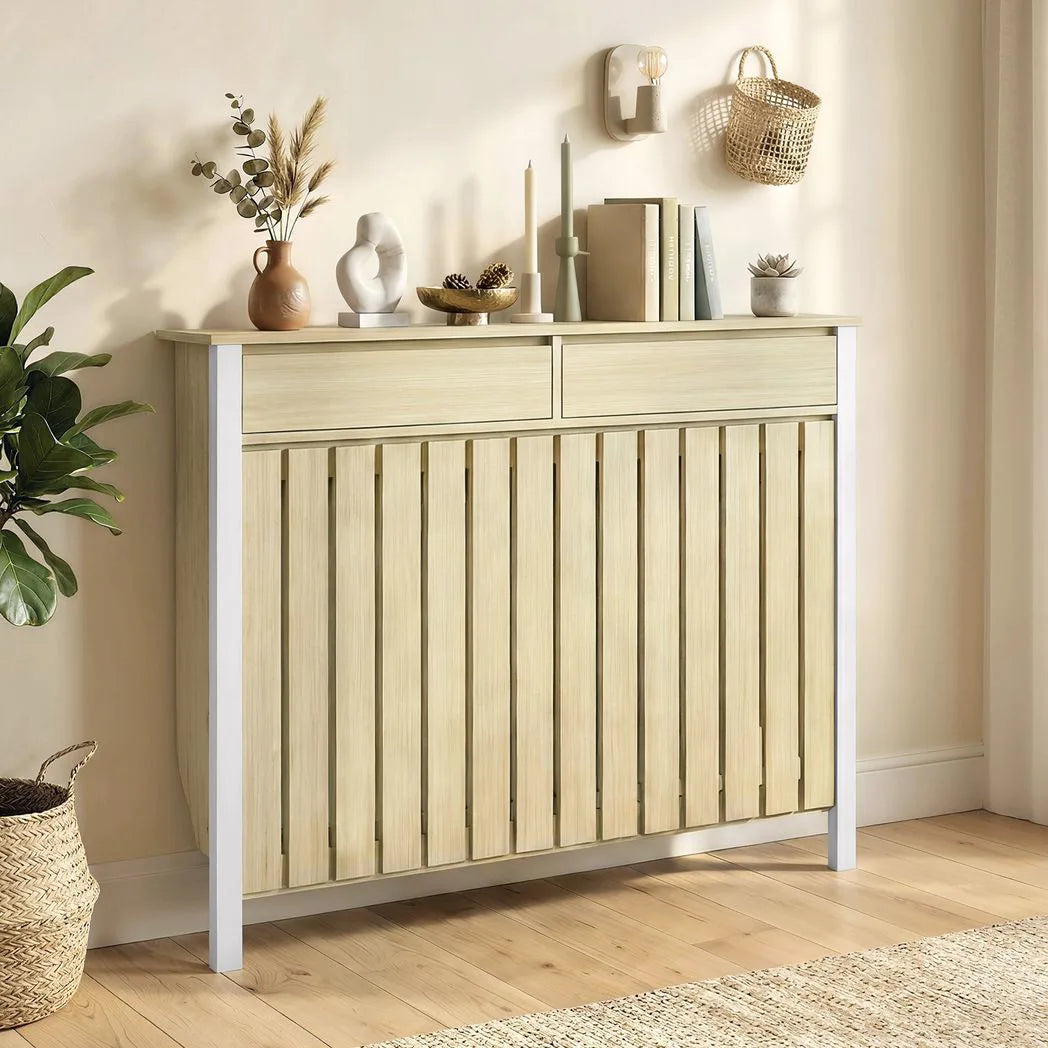 HOMCOM Rustic-Look Radiator Cover with Top Drawers, 93 x 119cm – Slimline Heater Guard, Oak