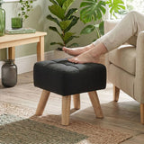HOMCOM Linen-Look Square Padded Footstool with Wooden Legs – Leg Rest and Vanity Stool, Black