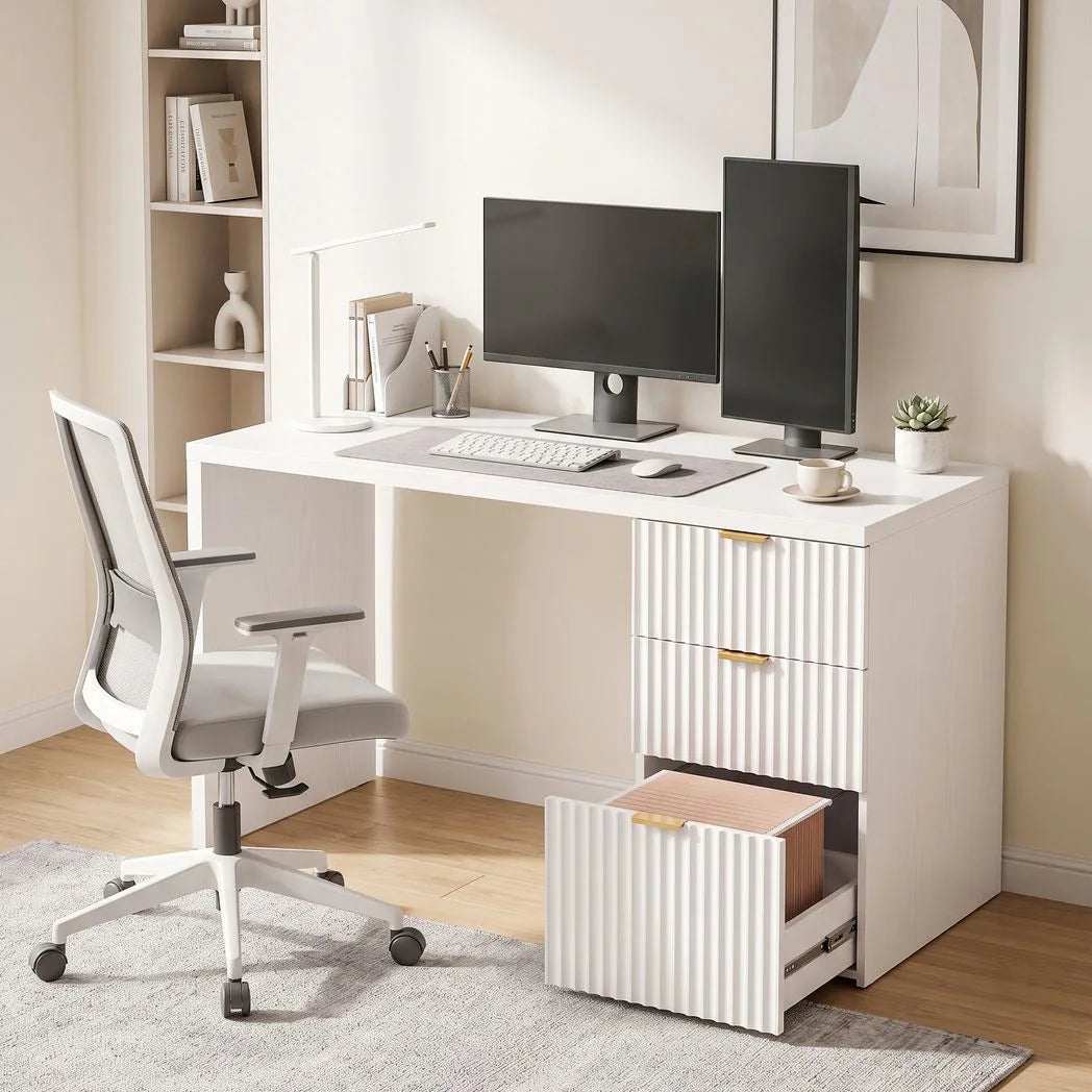 HOMCOM Computer Desk with 3 Drawers and File Drawer, Reversible Layout – 120 cm Home Office Desk, White