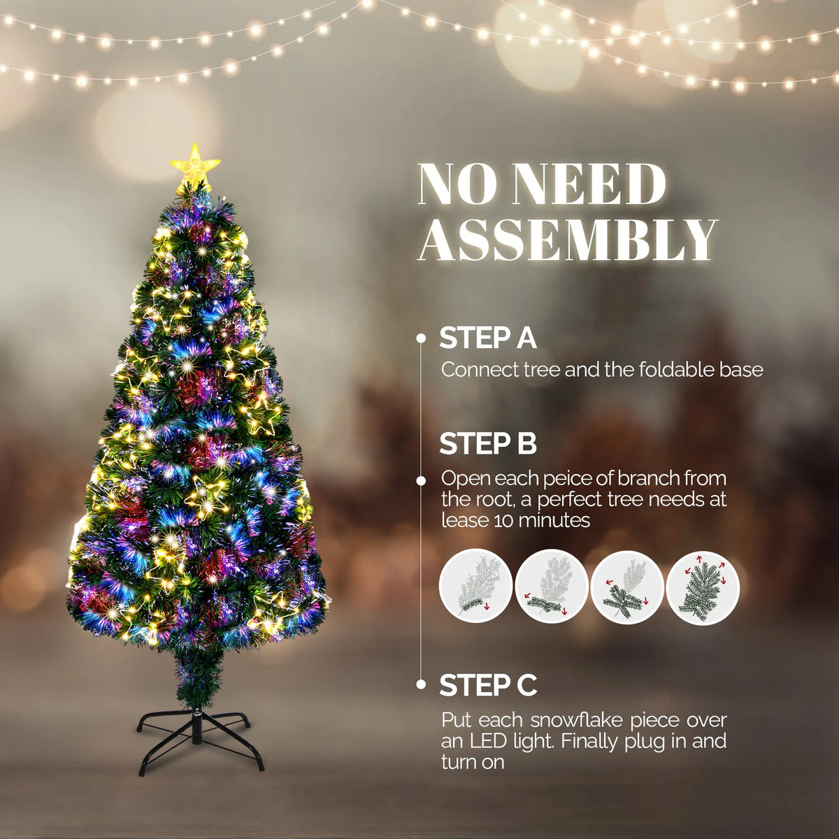 4ft Pre-Lit Fibre Optic Christmas Tree with Star Topper – 130 Branch Tips, Green