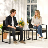 Outsunny 3 Piece Rattan Bistro Set with Glass Top Table and Cushions, Khaki