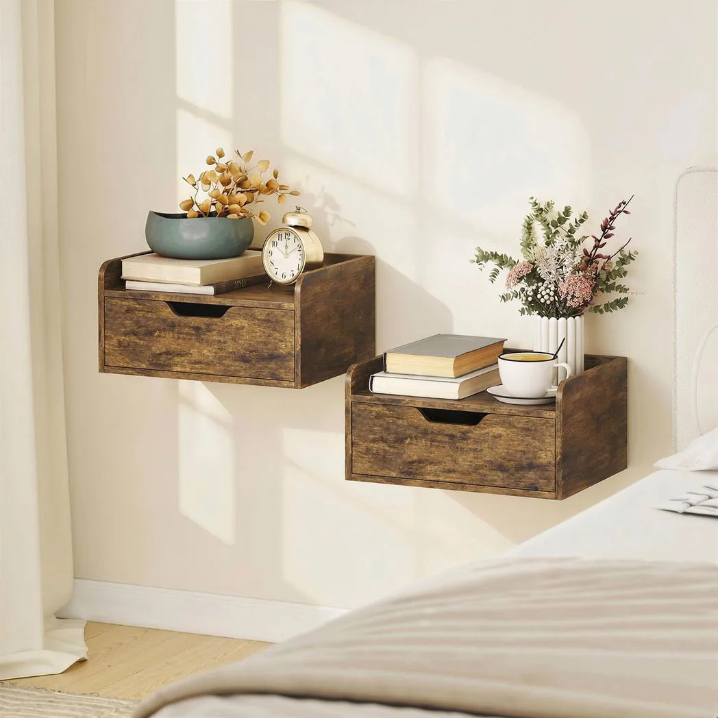 HOMCOM Floating Nightstands Set of 2 with Sliding Drawer, Wall Mounted Bedside Tables for Bedroom, Rustic Brown