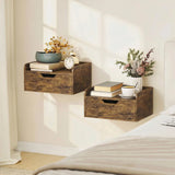 HOMCOM Floating Nightstands Set of 2 with Sliding Drawer, Wall Mounted Bedside Tables for Bedroom, Rustic Brown