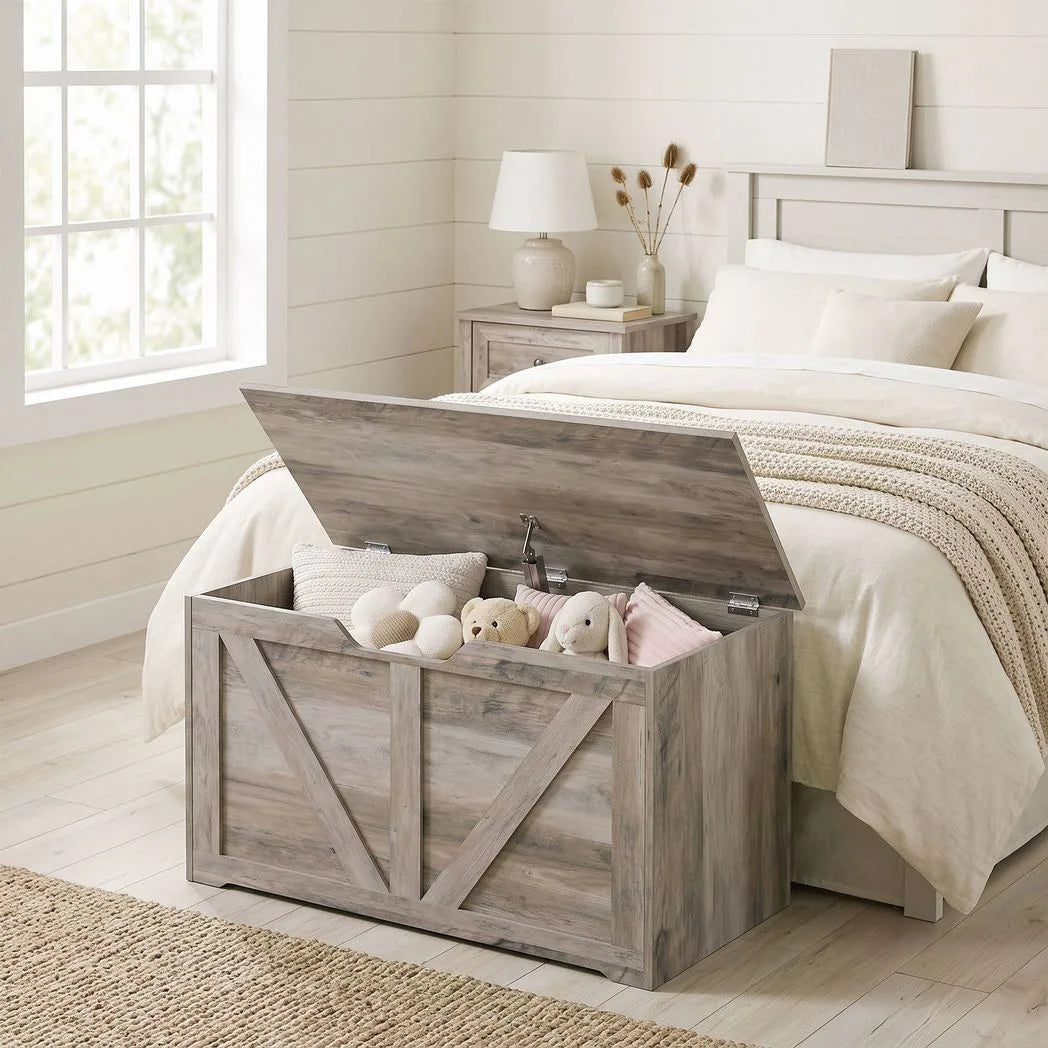HOMCOM 100L Storage Box with Safety Hinge – Seat Top Storage Chest and Bench, Grey Wood-Effect
