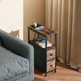 HOMCOM Narrow Bedside Table with Charging Station, 2 Fabric Drawers, AC Outlet and USB Ports, Industrial
