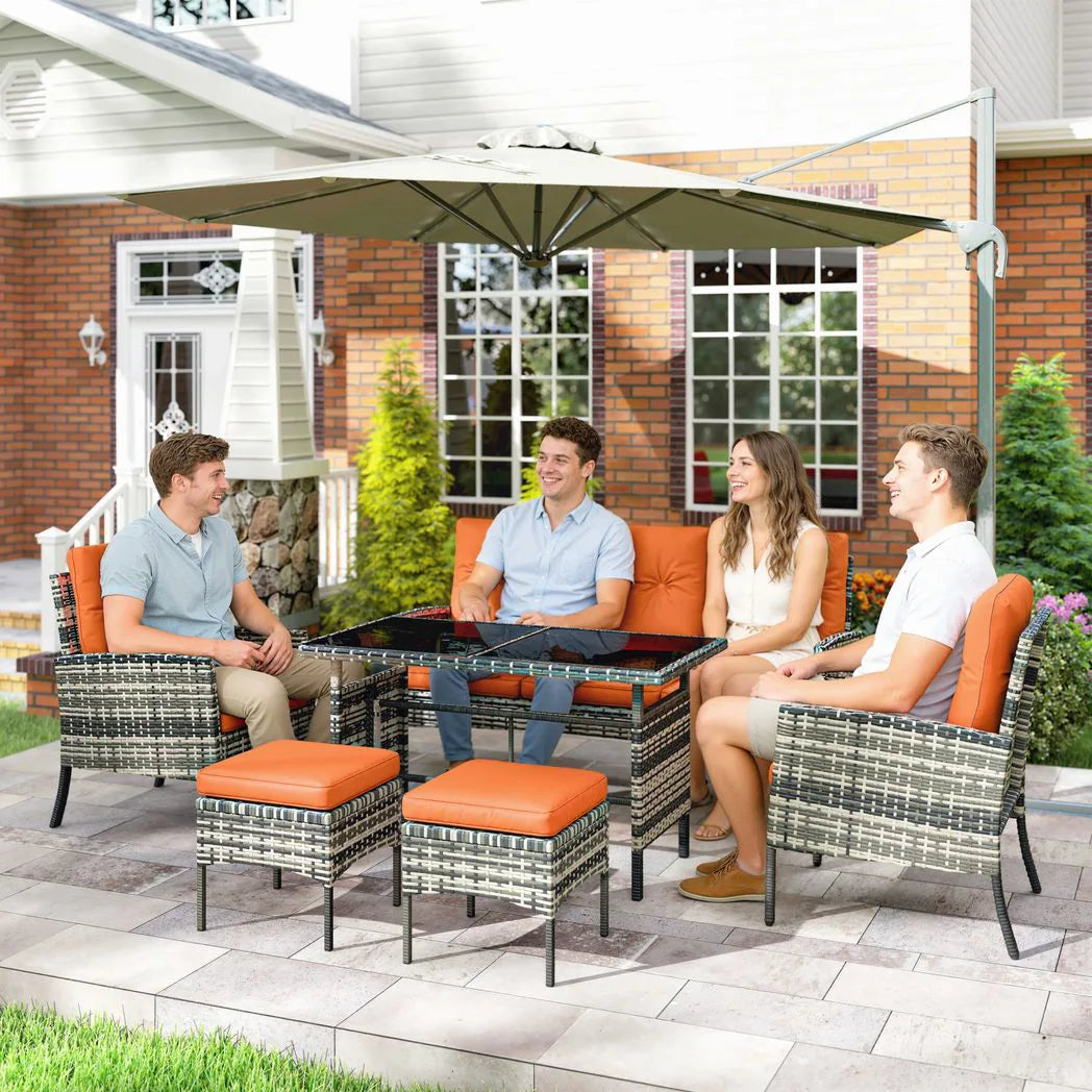 Outsunny 6 Piece Rattan Garden Sofa and Dining Set with Glass Table and Cushions, Orange