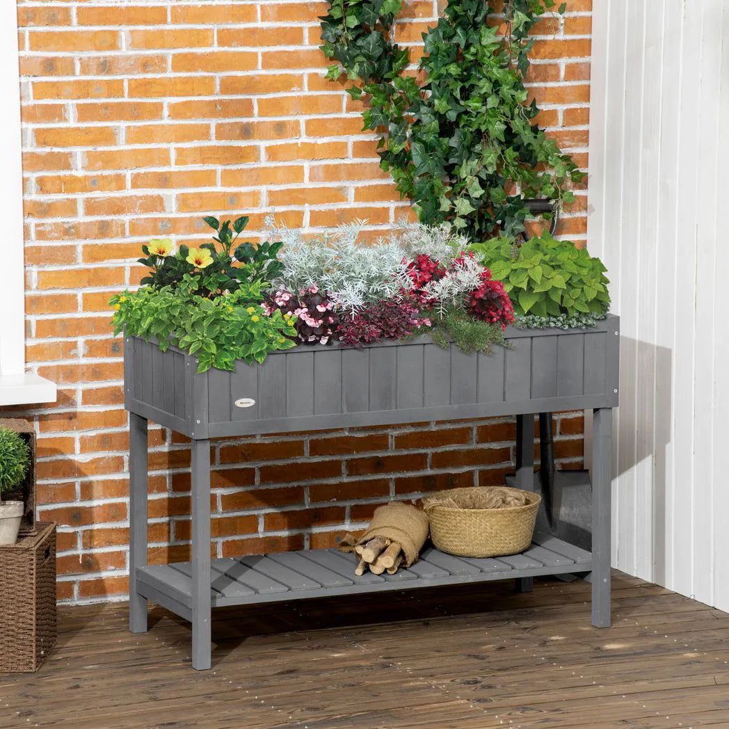 Outsunny Fir Wood Raised Planter with 8 Compartments and Bottom Shelf – Garden Plant Stand, Dark Grey