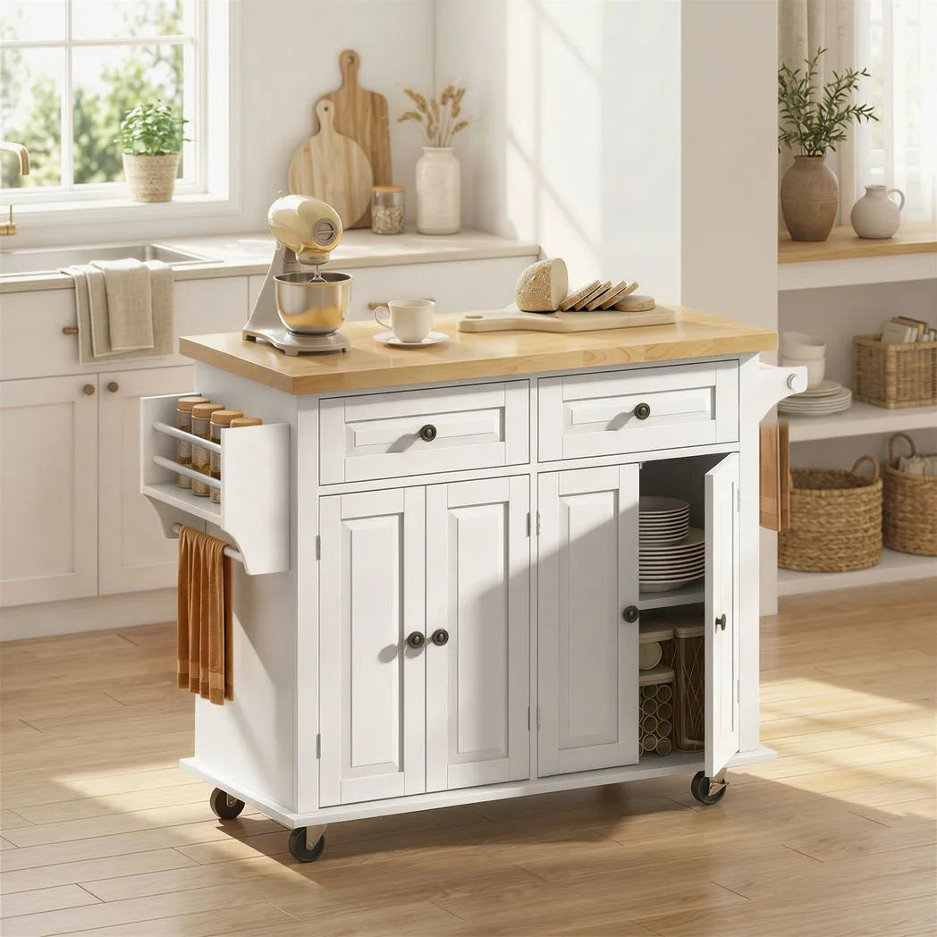 HOMCOM Kitchen Island on Wheels with Rubberwood Top, Drawers and Adjustable Shelves – Rolling Storage Trolley, Cream White