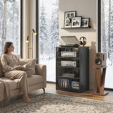 HOMCOM 4-Tier Hi-Fi Stand with Push-to-Open Glass Doors and Adjustable Shelves – Record Player Stand, Black Wood-Effect