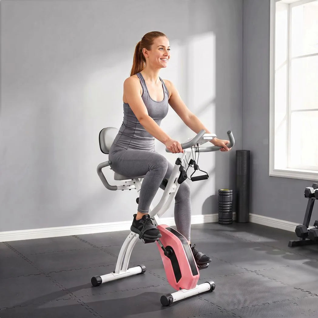 SPORTNOW 4-in-1 Folding Exercise Bike with Resistance Bands, 8-Level Magnetic Resistance & Bluetooth – Home Cardio, Pink
