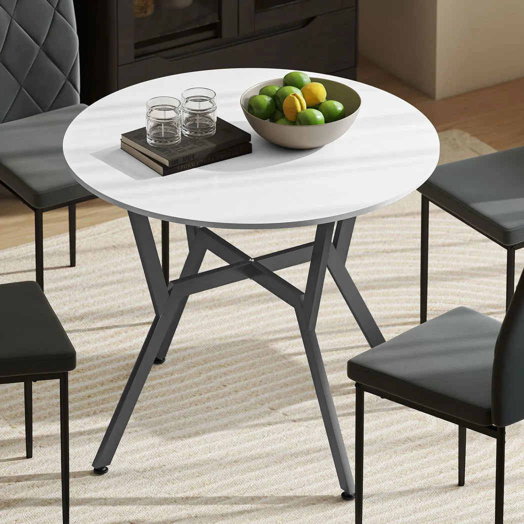 HOMCOM Round Dining Table for Two, 90 cm Kitchen Table with Black Metal Legs – Space-Saving, High Gloss White