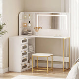 HOMCOM L-Shaped Dressing Table with LED Mirror, Stool, 5 Drawers and Glass Shelves – Bedroom Vanity, White