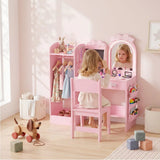 AIYAPLAY 3-in-1 Kids Dressing Table with Stool, Light-Up Mirror and Clothes Rack – Vanity Set Ages 3-8, Pink