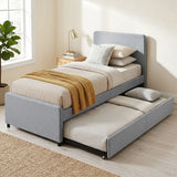 HOMCOM 3ft Single Upholstered Trundle Bed Frame with Headboard and Footboard – Pull-Out Guest Bed, Light Grey