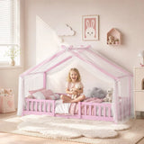 AIYAPLAY Wooden House Kids Single Bed with Dual Guardrails – Solid Pine, Pink, Fits 90 x 200 cm Mattress