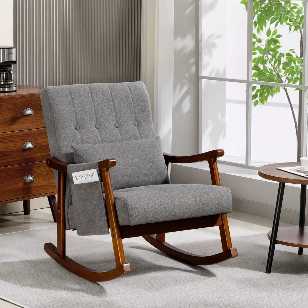 HOMCOM Rocking Accent Chair with Rubberwood Frame, Side Pocket & Pillow – 35° Rocking Armchair, Grey