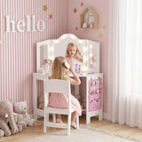 AIYAPLAY Kids Dressing Table and Stool Set with 2-Colour LED Lights, Tri-Folding Mirror and Side Pocket, White
