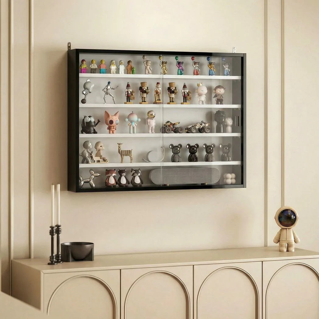HOMCOM 5-Tier Wall-Mounted Display Cabinet with 4 Adjustable Shelves & Glass Doors, 60 x 80cm – Black and White