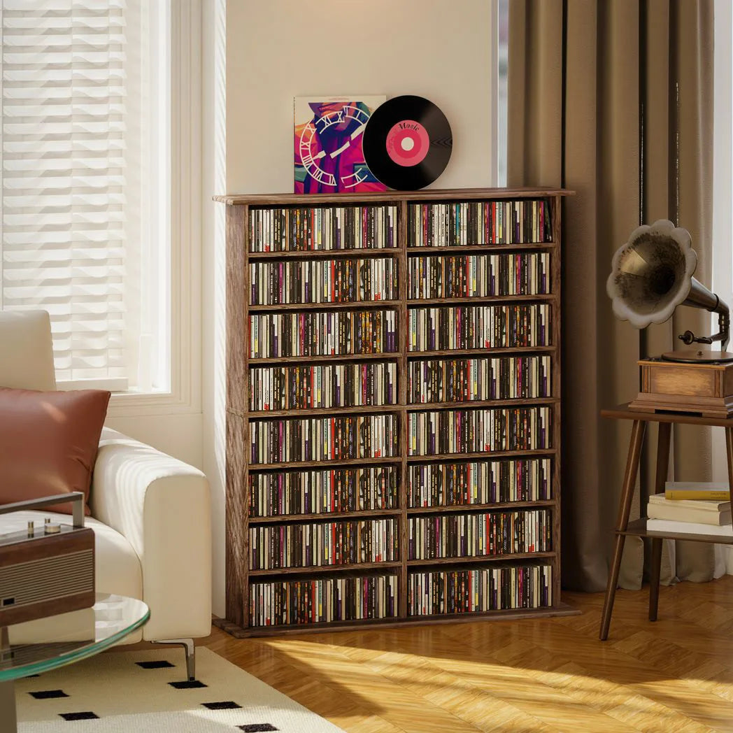HOMCOM 16-Compartment Media Shelf for 720 CDs with 12 Adjustable Shelves – Anti-Tipping Straps, Rustic Brown
