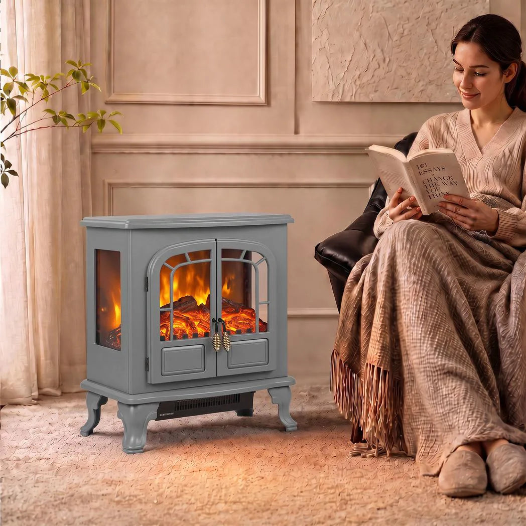 HOMCOM Freestanding Electric Fireplace Stove with LED Flame, 1000W/2000W Heater and Double Doors, Grey