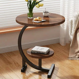 C-Shaped Side Table with Wood-Grain Top and Iron Legs – Slide-Under Sofa and Bedside Table, Walnut