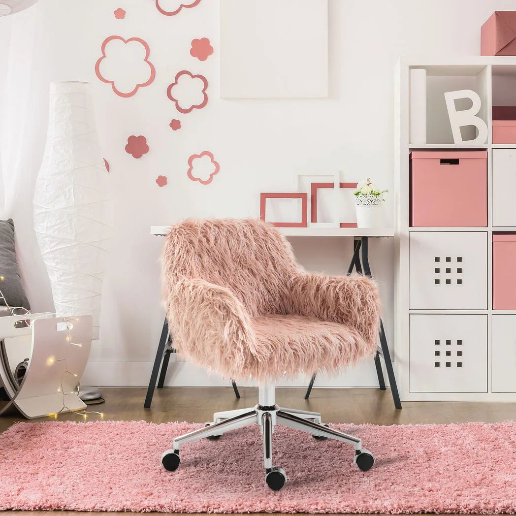 Vinsetto Faux Fur Swivel Desk Chair with Armrests, Adjustable Height – Makeup Chair for Bedroom, Pink