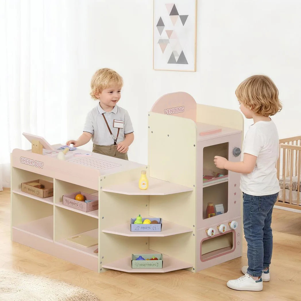 AIYAPLAY Kids Grocery Store Playset with Cash Register, Vending Machine & Shelves – Pretend Supermarket