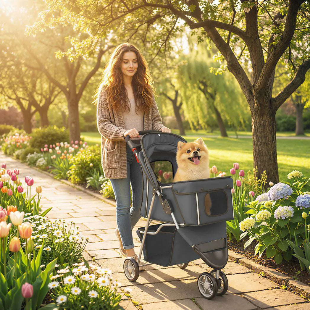 PawHut 3 Wheel Foldable Dog Stroller with Adjustable Canopy & Storage Basket, up to 10 kg – Pet Pram, Dark Grey