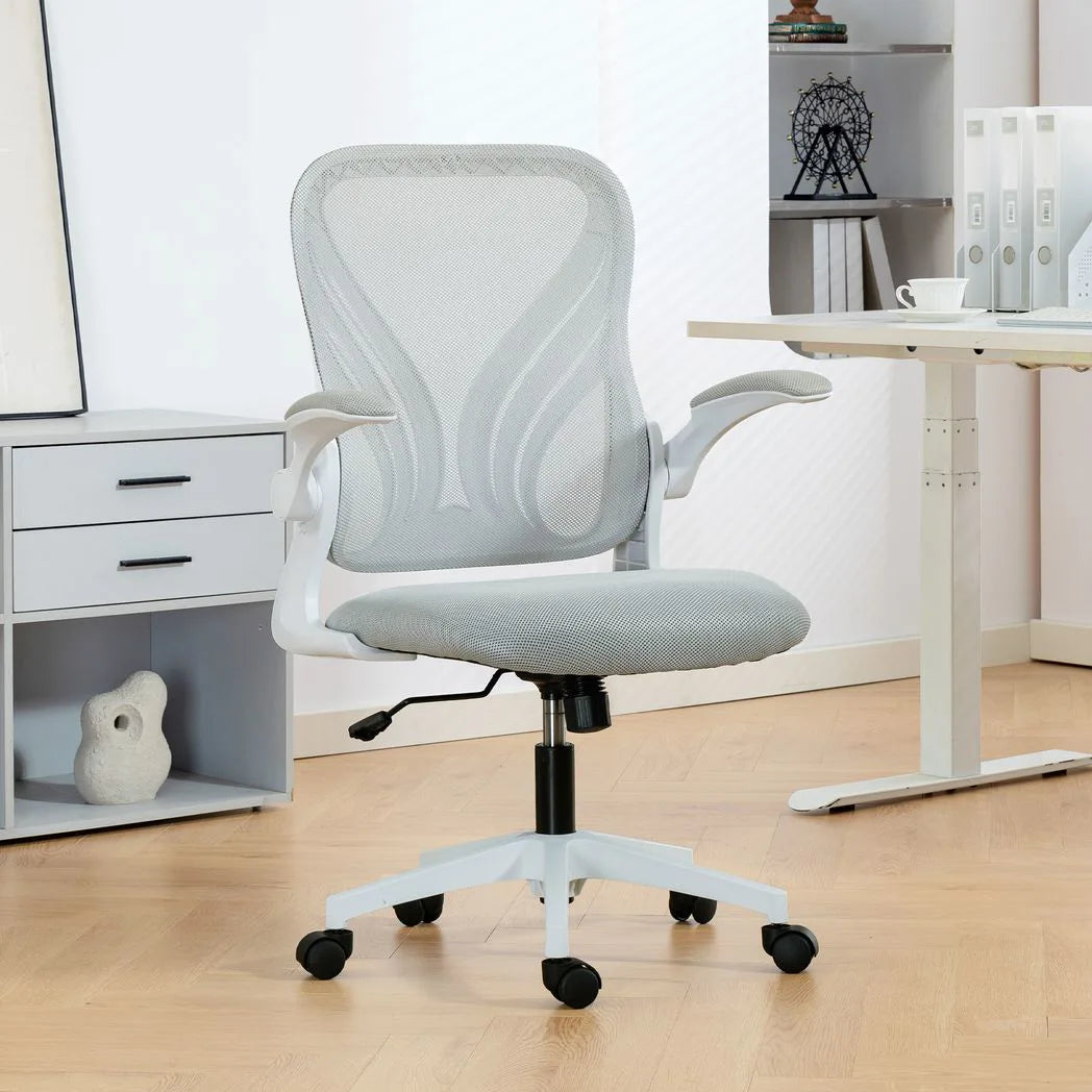 HOMCOM Mesh Office Chair with Foldable Backrest & Flip-Up Arms – Space-Saving Computer Desk Chair, Light Grey
