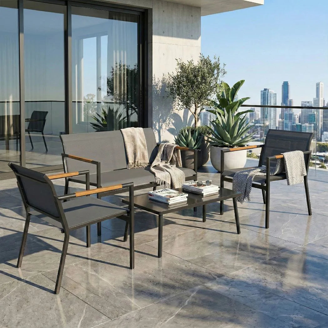 Outsunny 4 Seater Metal Garden Sofa Set – Loveseat, Two Armchairs and Coffee Table with Breathable Mesh Seats, Grey