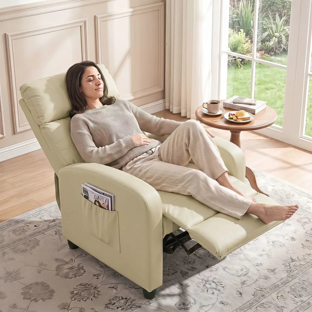 HOMCOM Massage Recliner Armchair with Push Back Reclining, Leg Rest & Side Pocket – Faux Leather, Cream