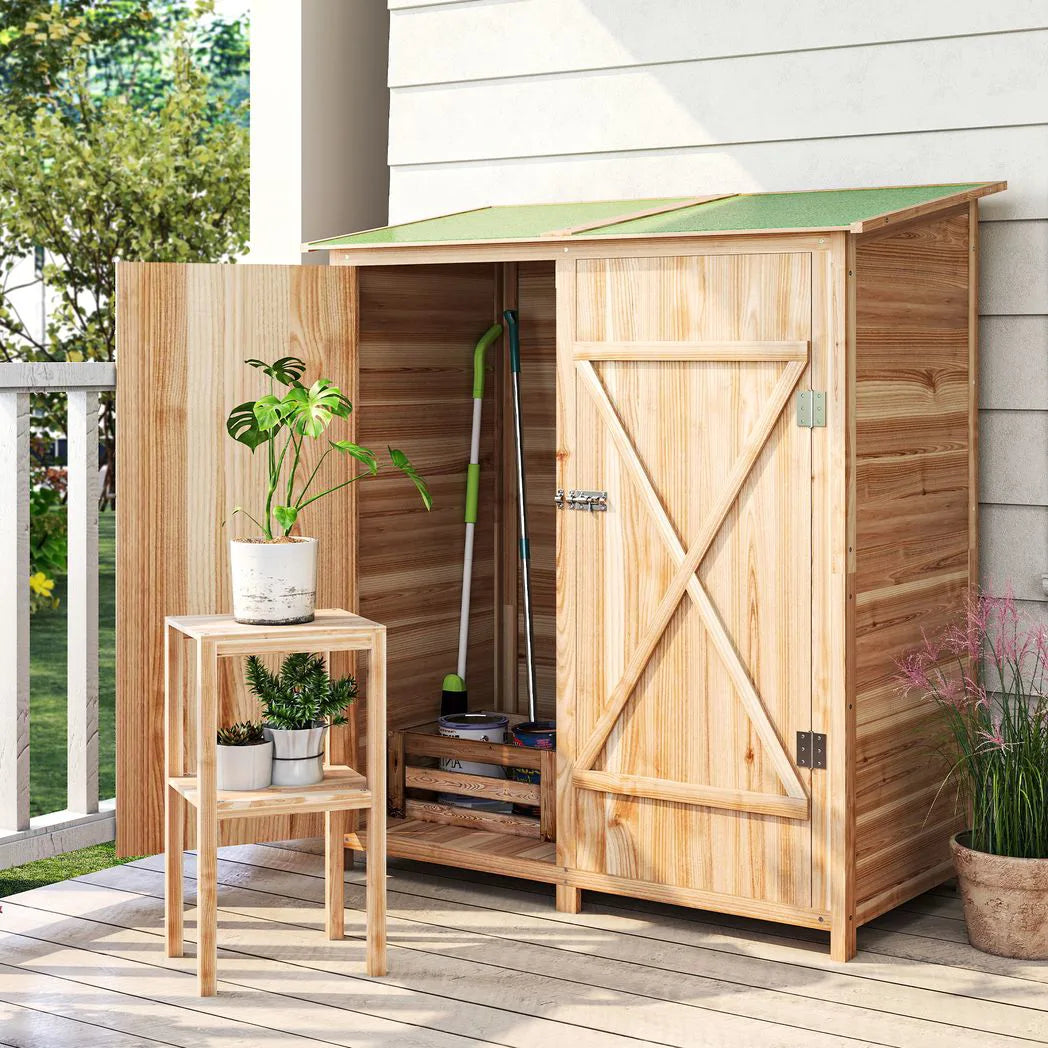 Outsunny Fir Wood Garden Shed with Asphalt Roof, Lockable Door and Removable Table – 140 x 75cm, Natural