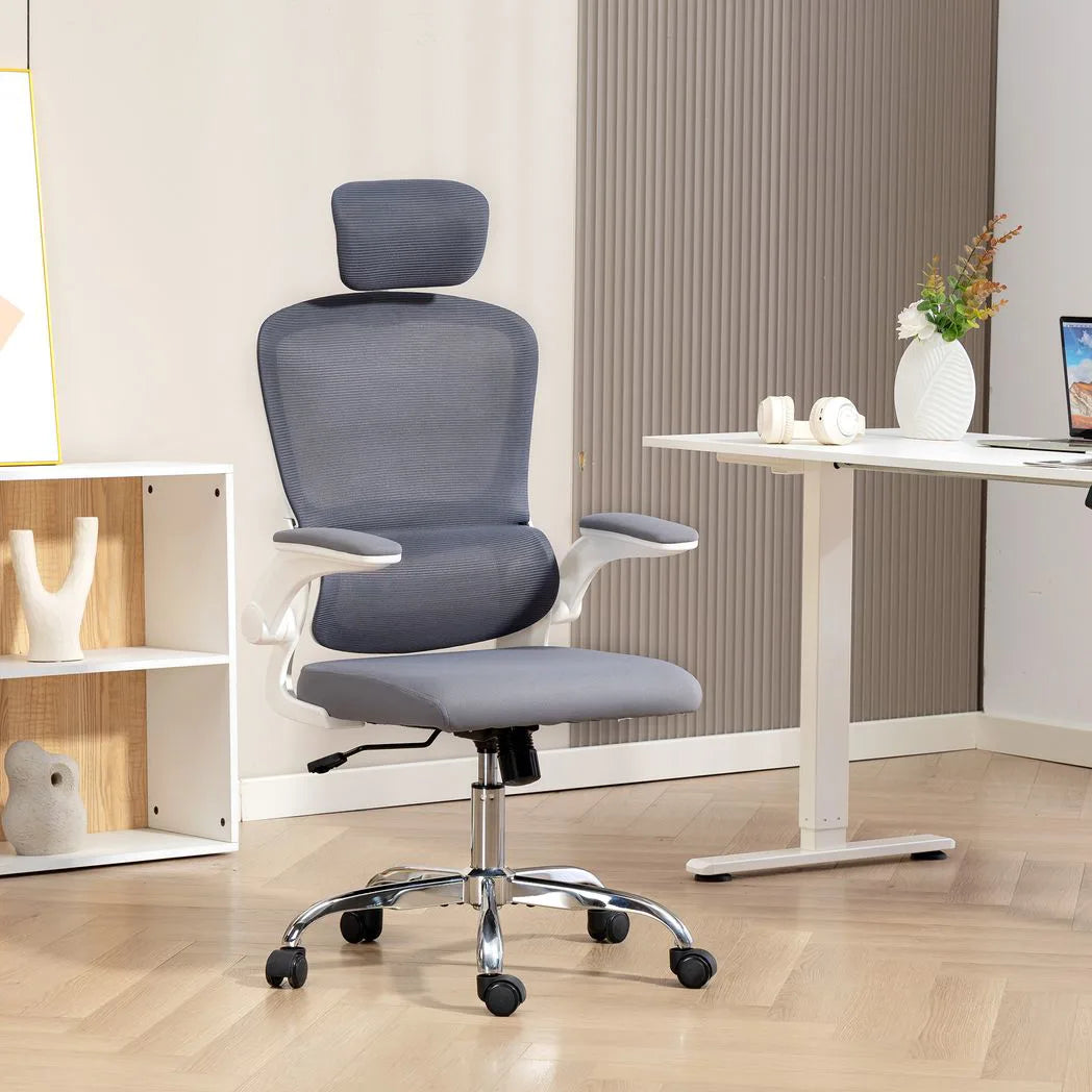HOMCOM Mesh Back Office Chair with Lumbar Support, Removable Headrest and Flip-Up Armrests – Charcoal Grey