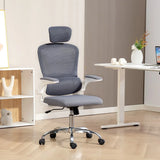 HOMCOM Mesh Back Office Chair with Lumbar Support, Removable Headrest and Flip-Up Armrests – Charcoal Grey
