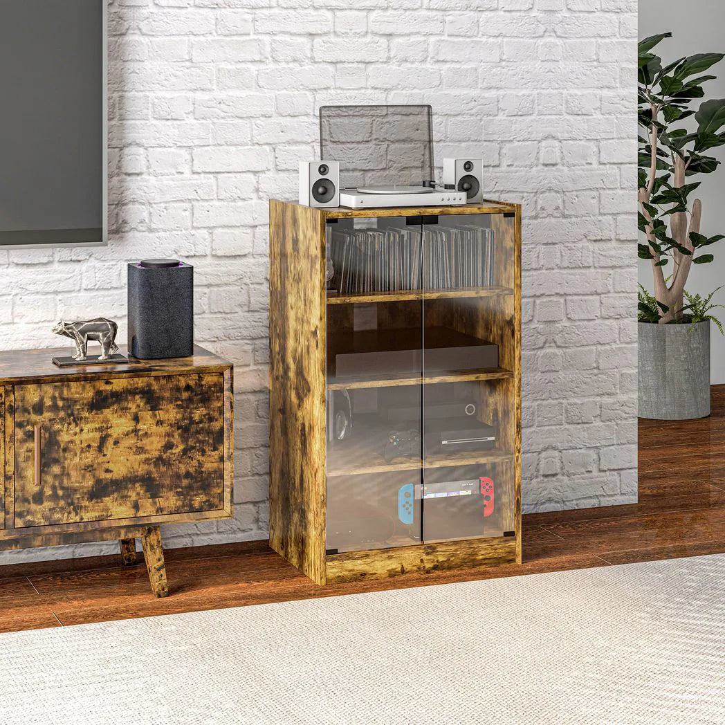 HOMCOM 4-Tier Hi-Fi Stand with Push-to-Open Glass Doors and Adjustable Shelves – Record Player Cabinet, Rustic Brown