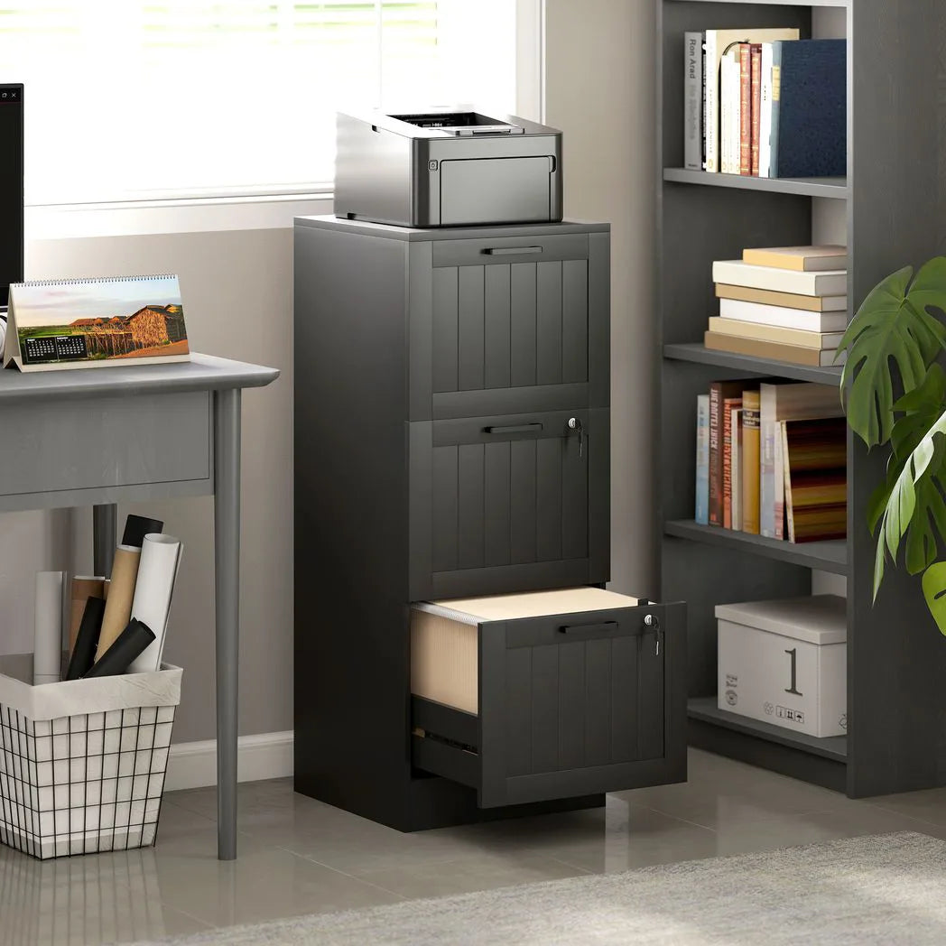HOMCOM 3 Drawer Lockable Filing Cabinet with Adjustable Hanging Bars for A4 & Letter Files, Black
