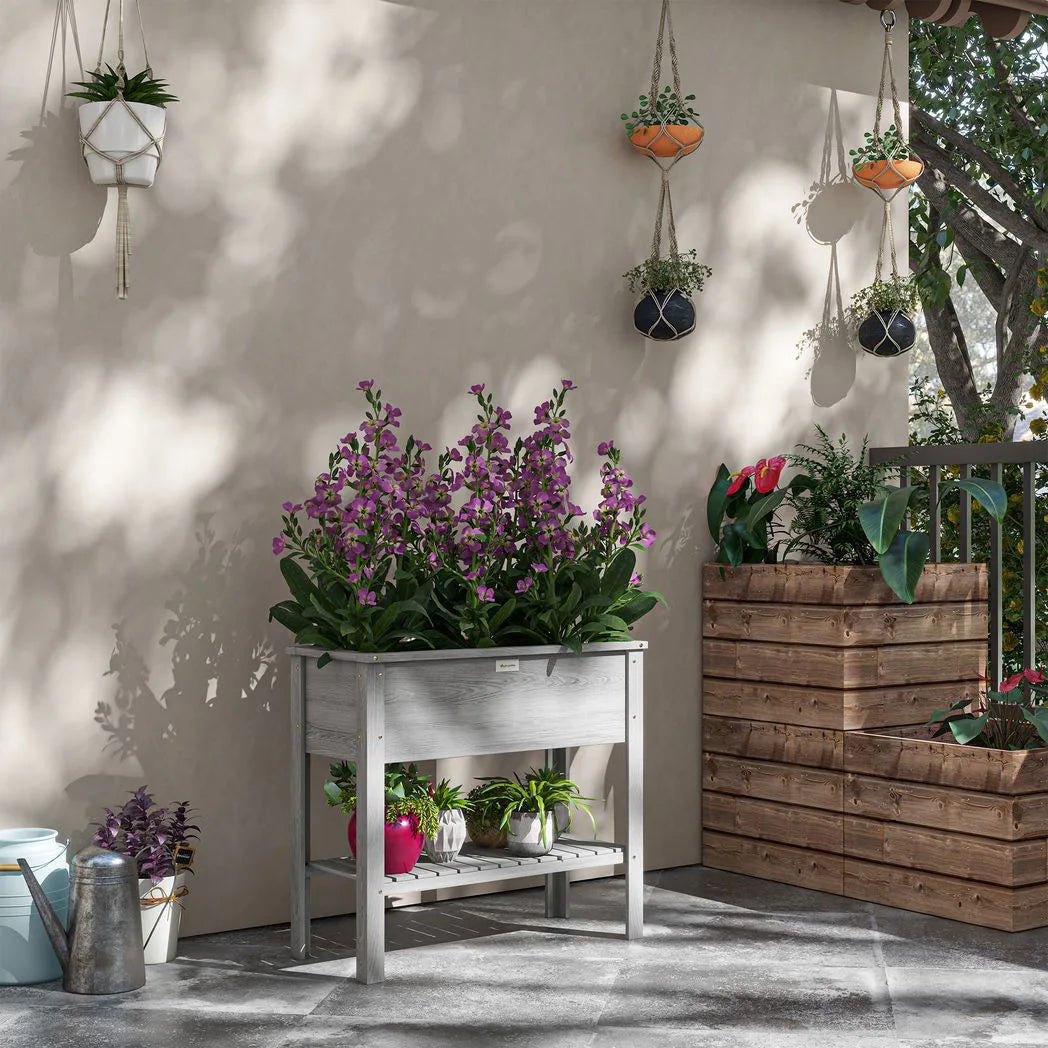 Outsunny Wooden Raised Garden Bed with Storage Shelf & Drainage Holes – 2-Tier Elevated Planter Box, Grey