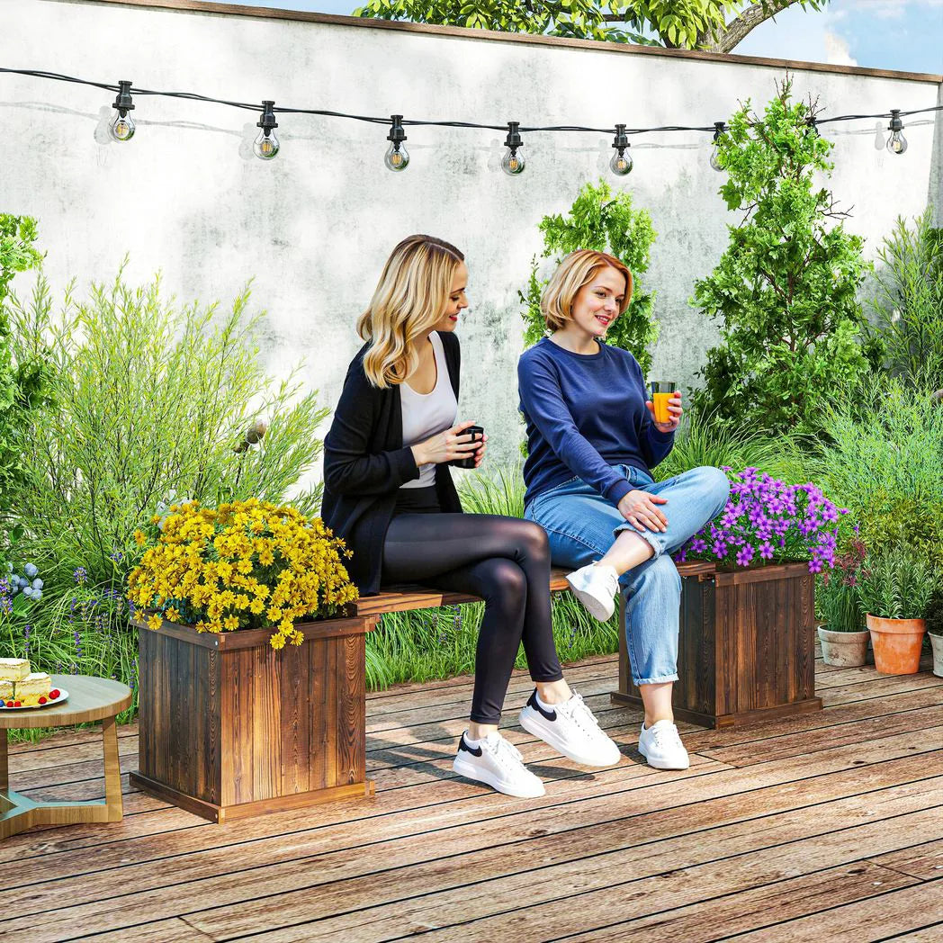 Outsunny Wooden Planter & Bench Combination with Raised Beds, Carbonised Finish – Patio Seating, 176cm