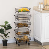 HOMCOM 5-Tier Stackable Storage Trolley – Fruit and Vegetable Cart for Kitchen and Living Room with Lockable Wheels, Black