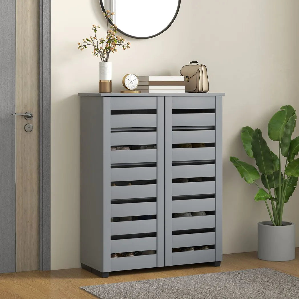 HOMCOM 5-Tier Narrow Shoe Cabinet with Slatted Doors and Adjustable Shelves – Holds 15 Pairs, Dark Grey