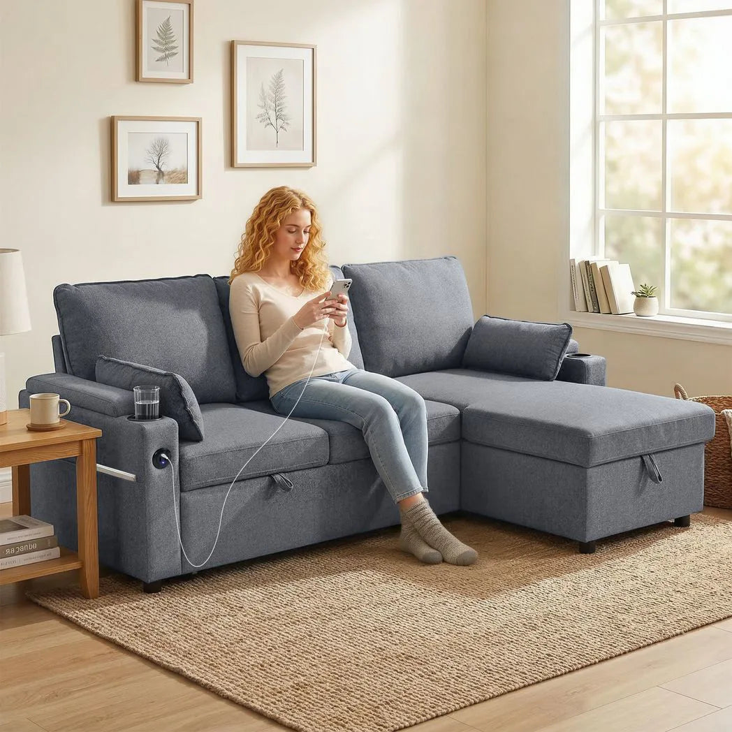 HOMCOM Corner Sofa Bed with Reversible Storage Chaise, Pocket Springs and USB Charging – L Shaped, Grey