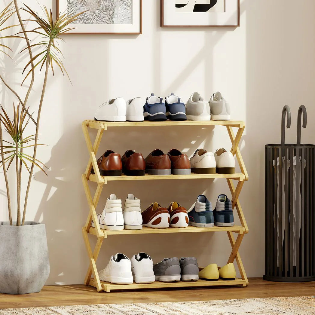 HOMCOM 4-Tier Folding Bamboo Shoe Rack, 12 Pairs, 67 x 60 x 29 cm – Natural