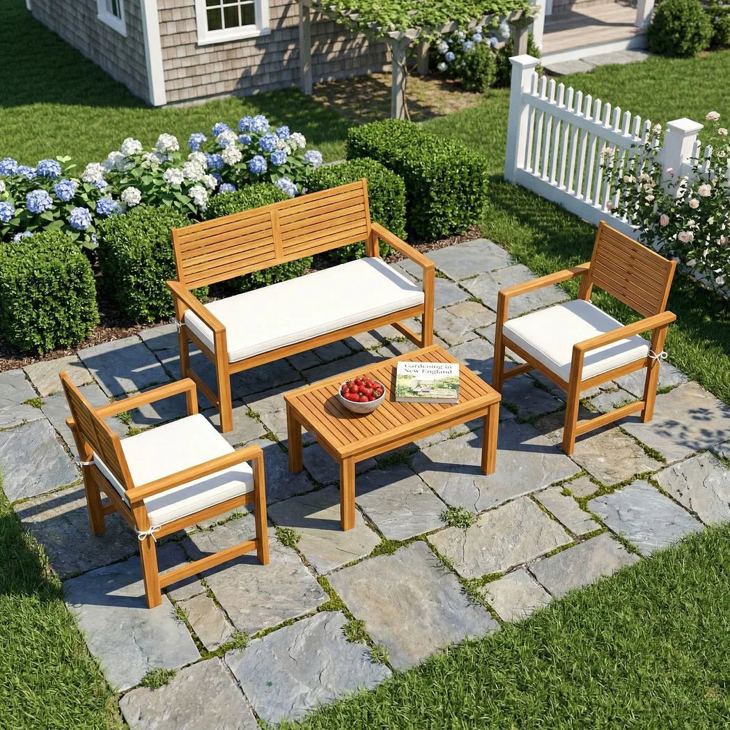 Outsunny 4 Seater Acacia Wood Garden Furniture Set with Loveseat, Armchairs, Table & Cushions – Garden Sofa Set, Cream White